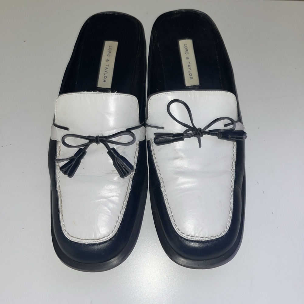 Lord & Taylor Black & White slip-on loafer mules Women's 8M